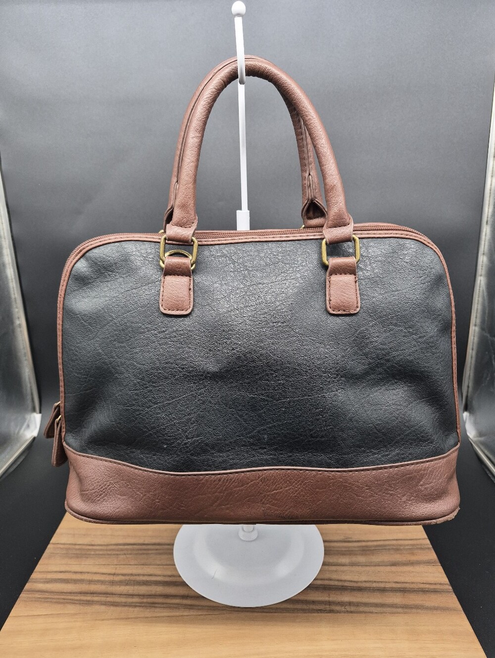 Bueno Large Two-Tone Black and Brown Structured Satchel, 13x9x5 - Picture 3 of 14